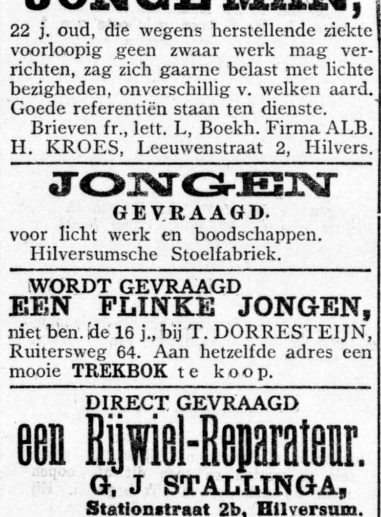 Ruitersweg 64: jongen gevraagd, trekbok te koop