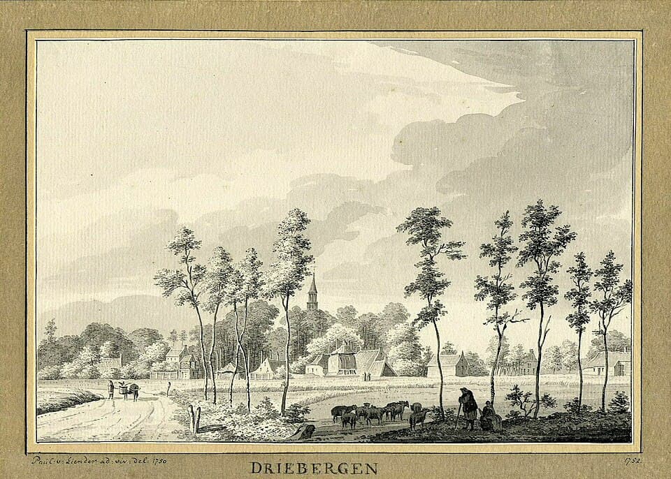 Het dorp Driebergen vanaf de Engweg, ca. 1750 (Het Utrechts Archief, publiek domein)